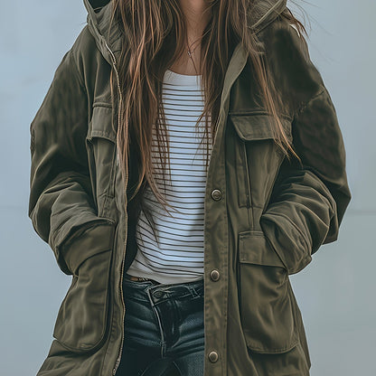 Veste à capuche robuste pour femme, vert olive – Manteau de travail épais toutes saisons