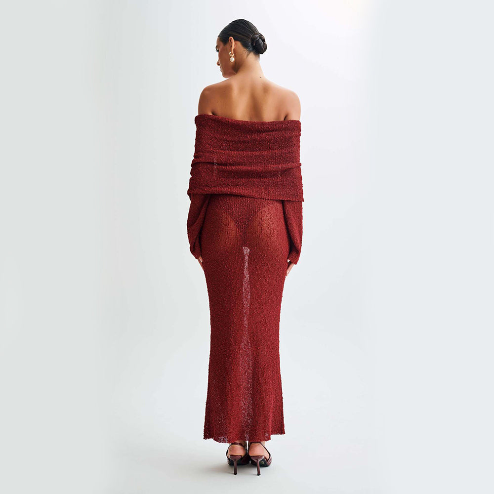 Robe longue en maille à une épaule – Robe de plage élégante à manches longues