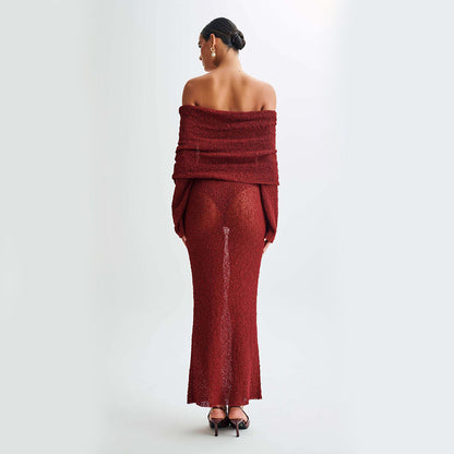 Robe longue en maille à une épaule – Robe de plage élégante à manches longues