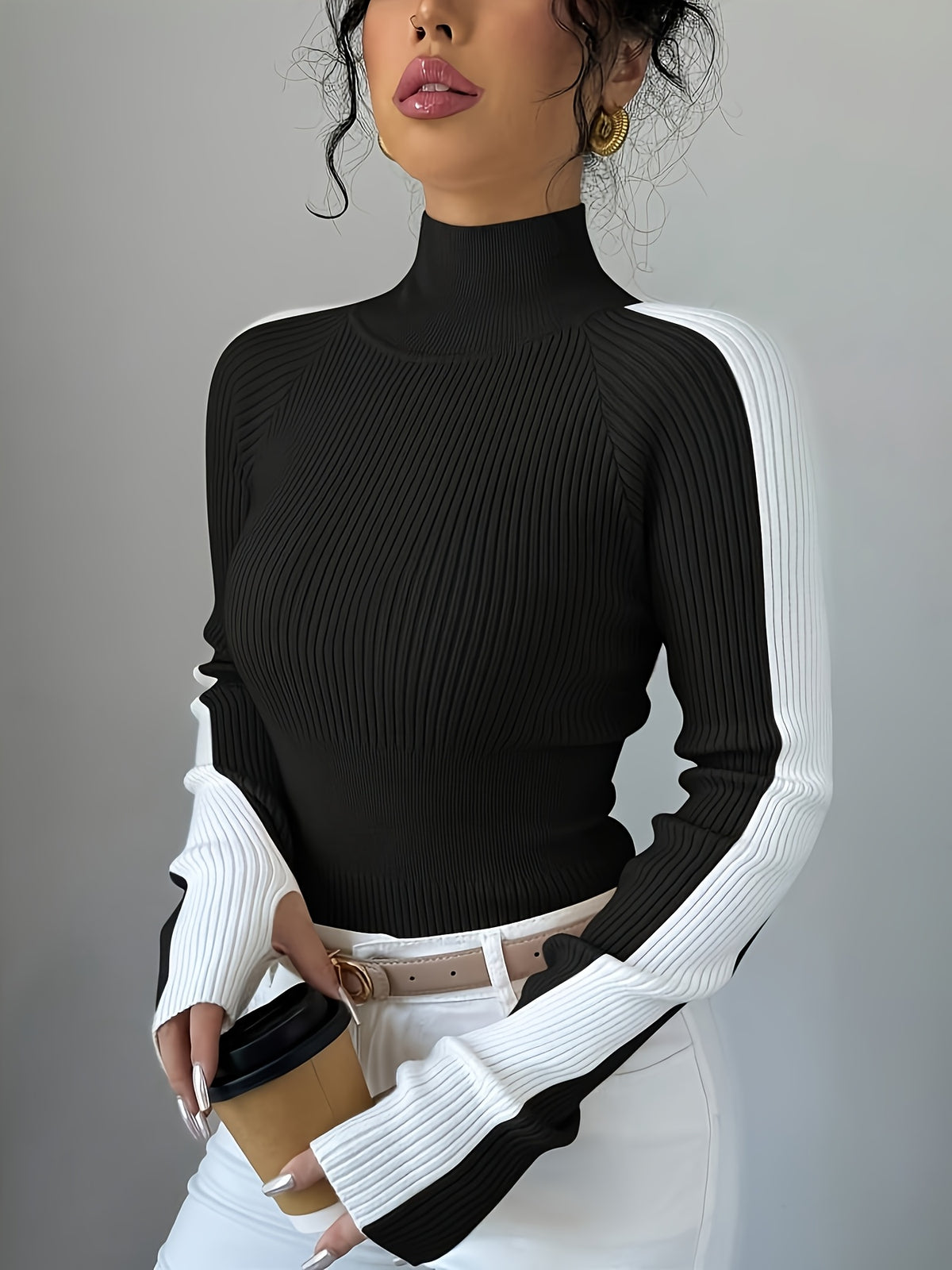 Women’s Color Block Turtleneck Sweater – Elegant Soft Knit Top