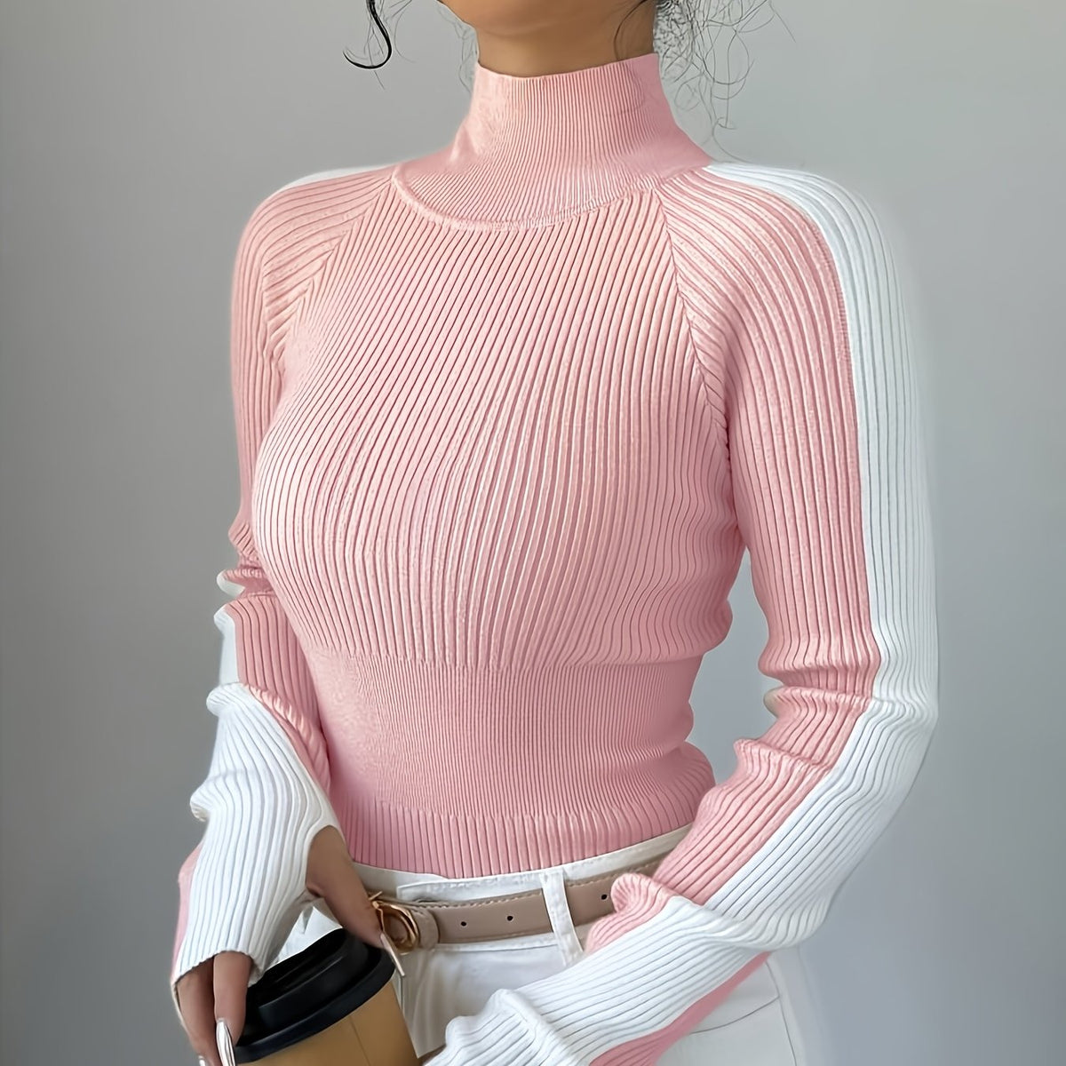 Women’s Color Block Turtleneck Sweater – Elegant Soft Knit Top