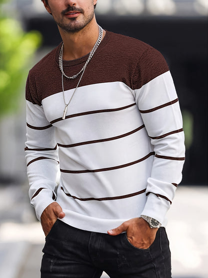 Men’s Navy Striped Knit Sweater – Casual Crew Neck Pullover