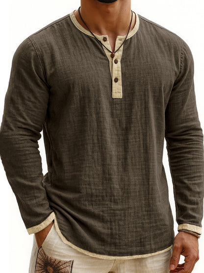 Chemise Henley Homme à Manches Longues Slim Fit à 3 Boutons et Imprimé Numérique Bicolore