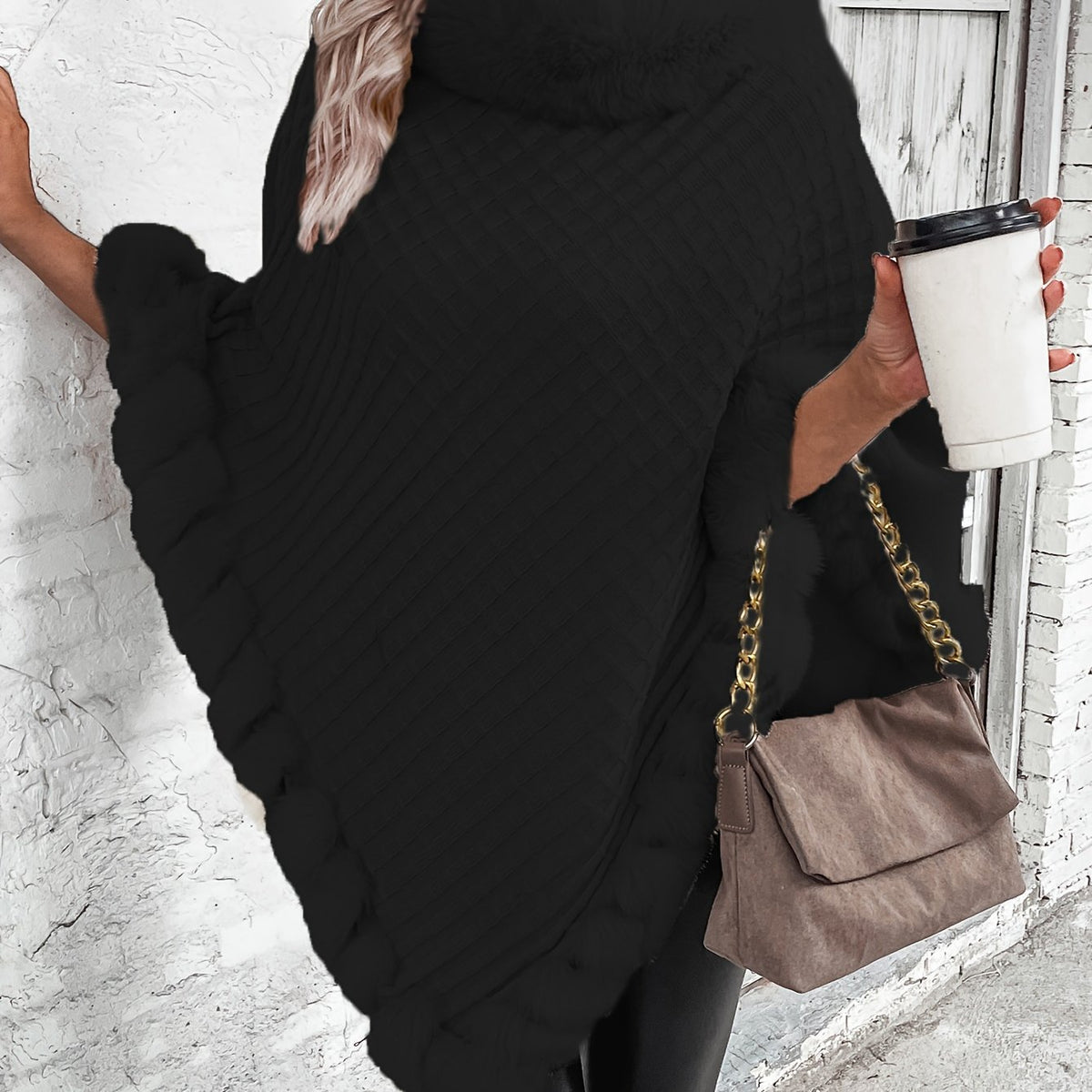 Women’s Faux Fur Cape Coat – Elegant Plush Collar Winter Outerwear