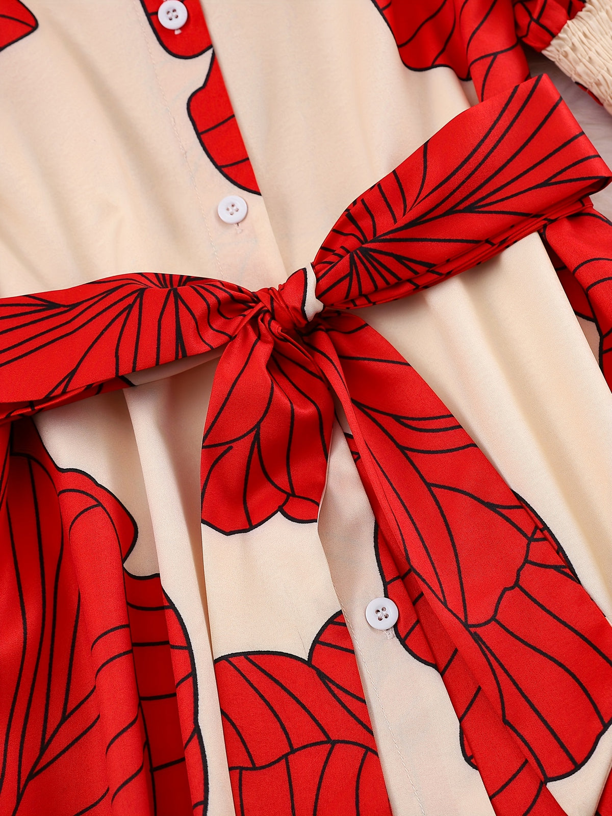Robe longue chemise fleurie à nouer à la taille – Robe élégante à manches longues et coupe trapèze