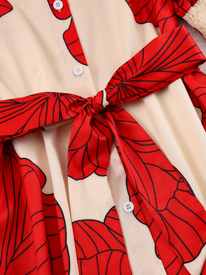 Robe longue chemise fleurie à nouer à la taille – Robe élégante à manches longues et coupe trapèze