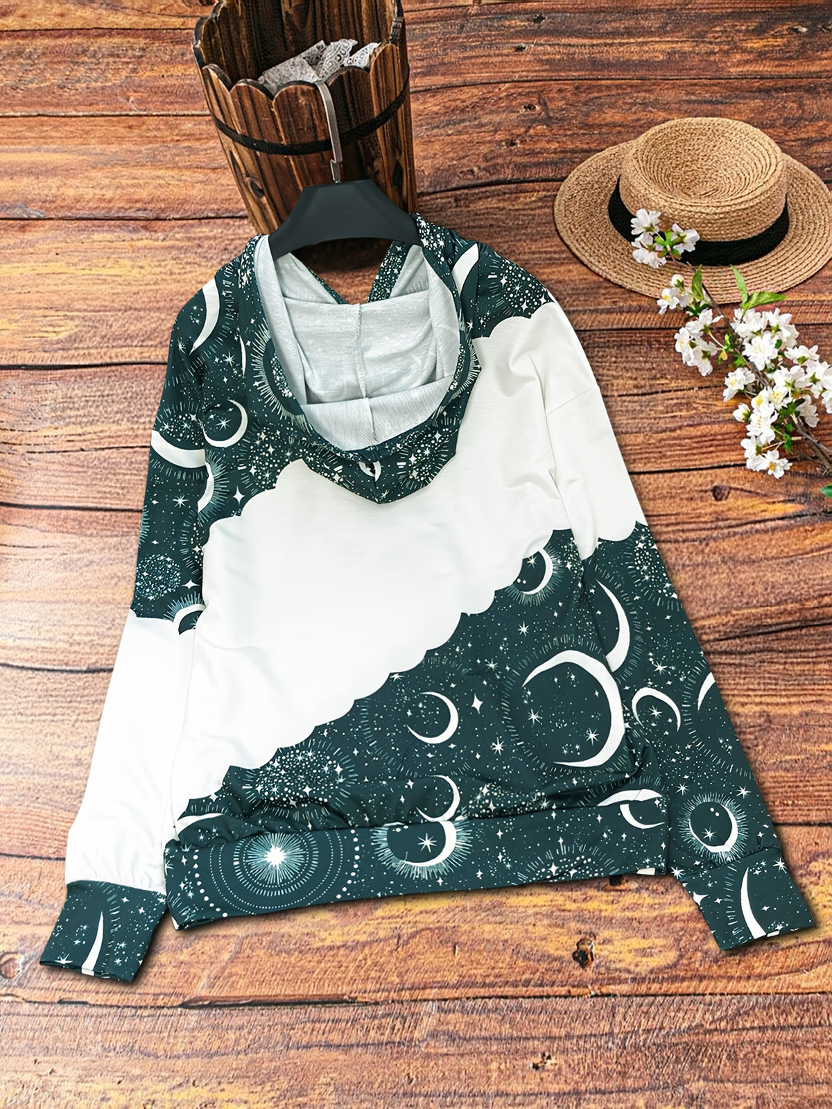Boho Chic Celestial Hoodie – Women’s Green Zodiac Moon Pullover