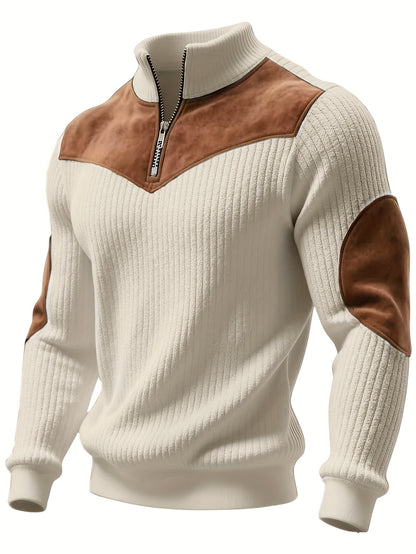 Pull Homme Demi-Zip Col Droit – Sweat Rétro Chaud et Côtelé