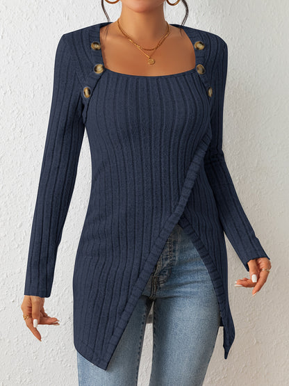 T-shirt en maille ajusté pour femme – Haut à manches longues et col carré