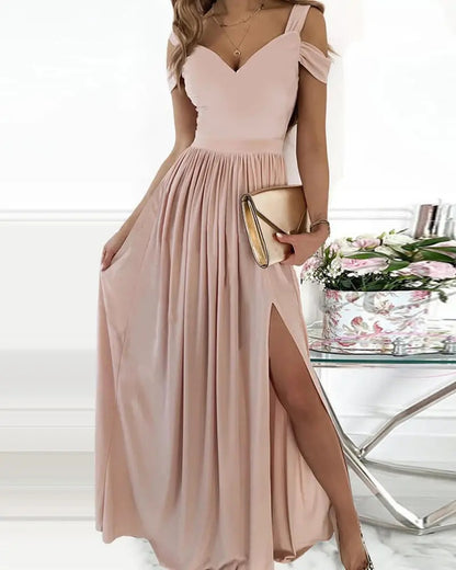Robe longue bohème à col en V et bretelles spaghetti – Robe de plage fluide et fendue