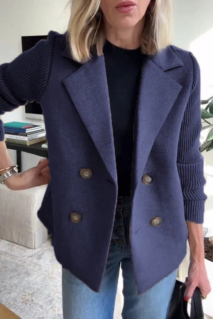 Women’s Double-Breasted Lapel Jacket – Knit Sleeve Spliced Coat