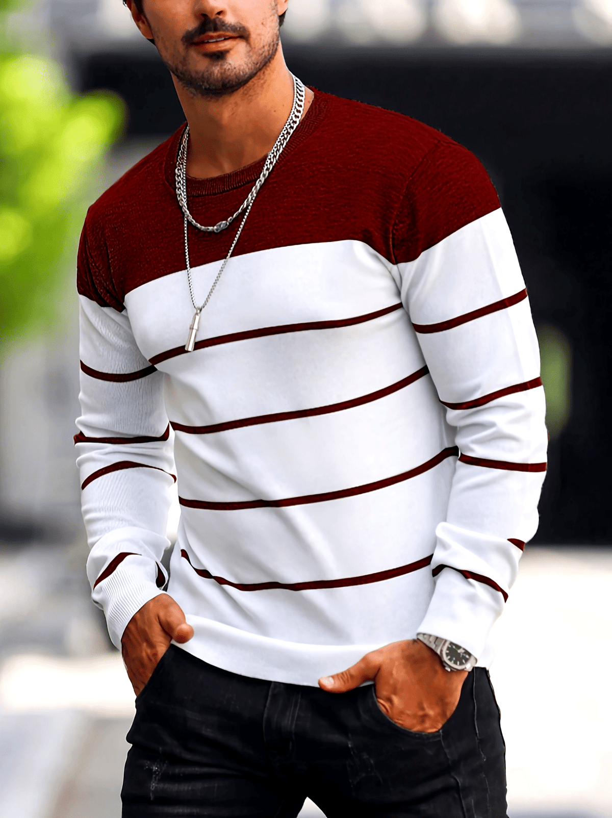 Men’s Navy Striped Knit Sweater – Casual Crew Neck Pullover