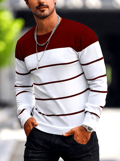 Men’s Navy Striped Knit Sweater – Casual Crew Neck Pullover