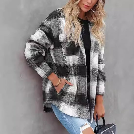 Veste Bouclée à Carreaux pour Femme – Manteau Décontracté Coupe Ample