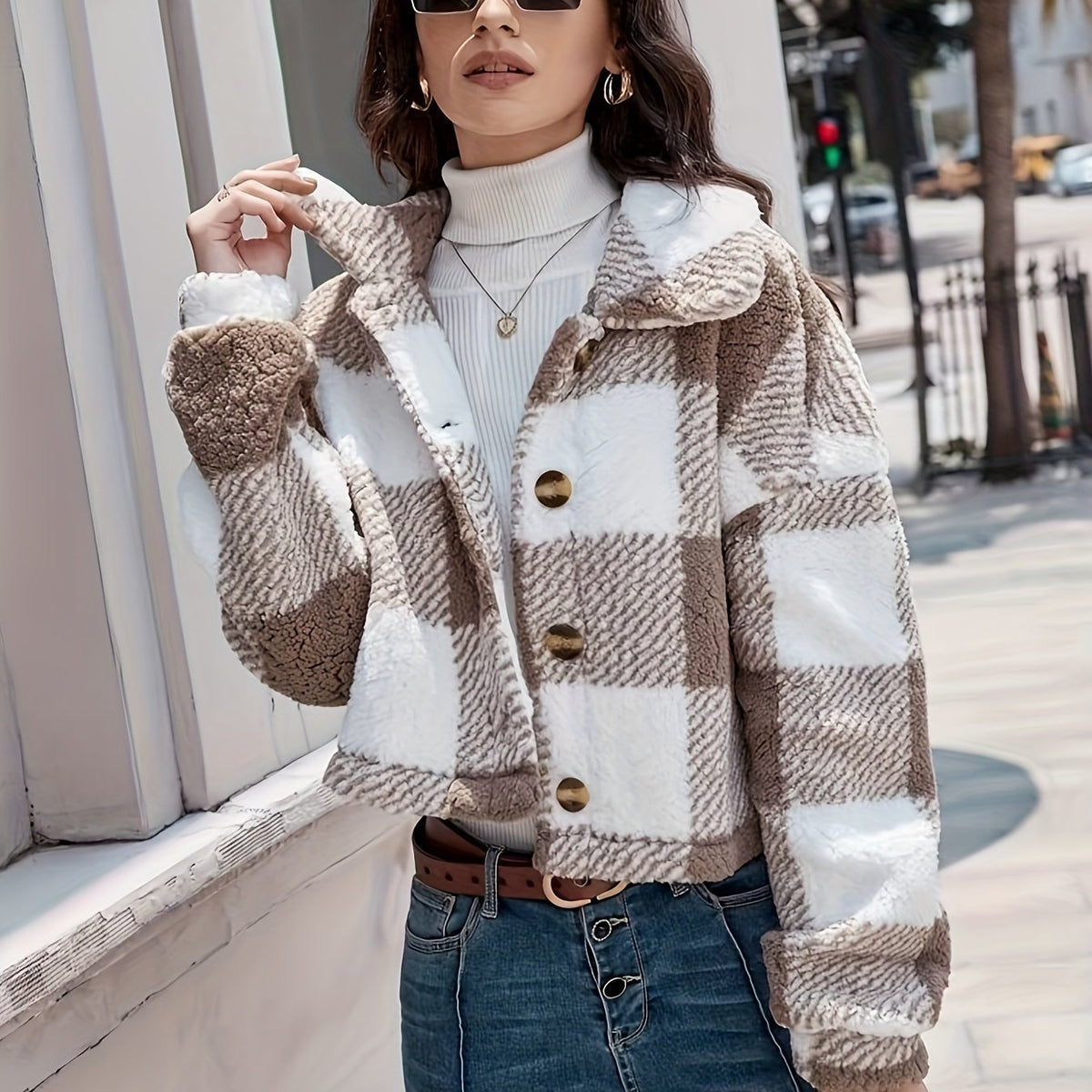 Manteau d'hiver en peluche à carreaux pour femme – Chaud, boutonné, manches longues