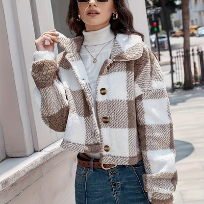 Manteau d'hiver en peluche à carreaux pour femme – Chaud, boutonné, manches longues