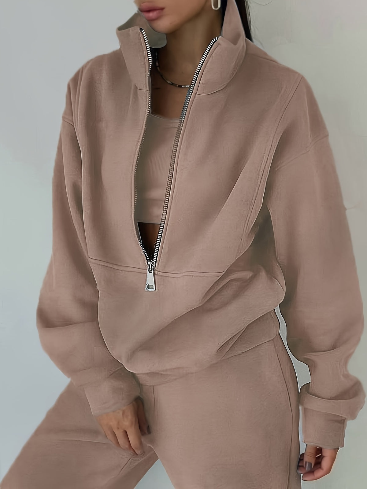Plus Size Women’s Fleece Set – Zip-Up Hoodie & Pants Streetwear Outfit