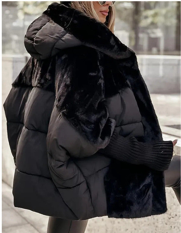 Loom & Soul™ Faux Fur Patchwork Hooded Coat – Women’s Loose Cotton Winter Jacket for Chic Comfort & Warmth