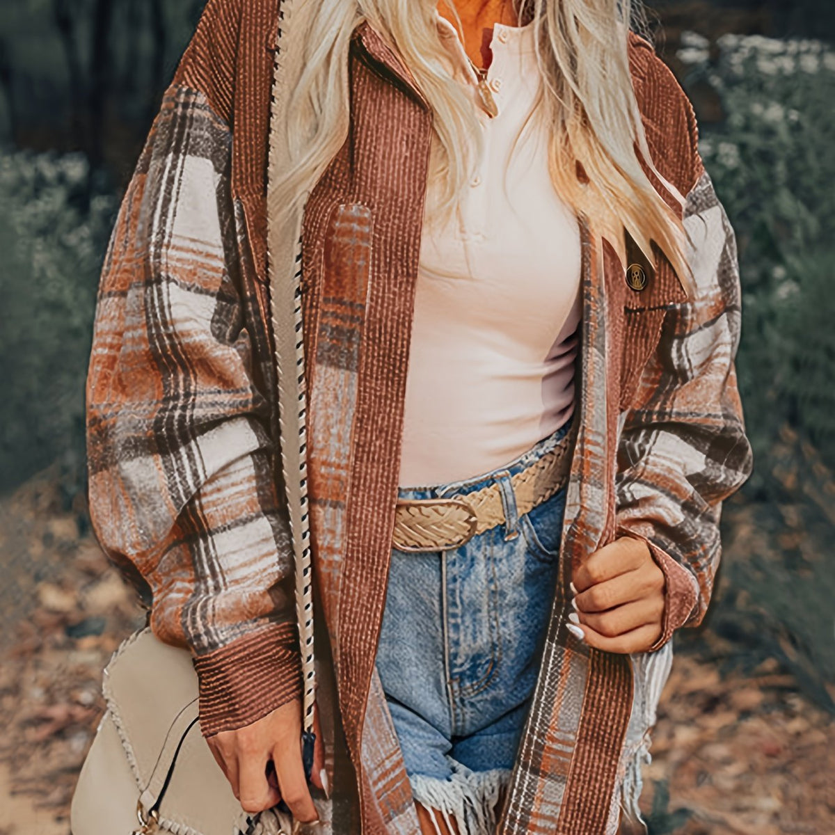 Shacket à carreaux pour femme – Col à revers, boutonnée, épaules tombantes, automne/printemps
