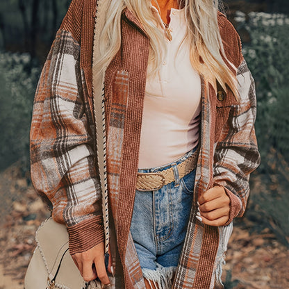 Shacket à carreaux pour femme – Col à revers, boutonnée, épaules tombantes, automne/printemps