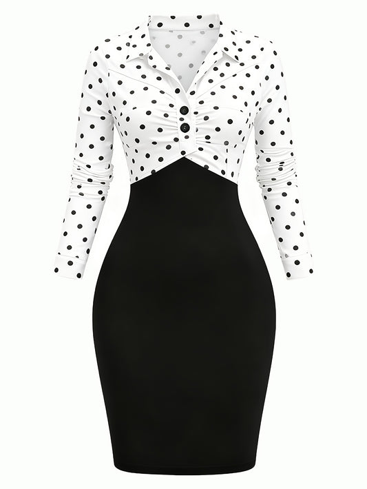 Vestido vintage entallado de lunares – Vestido elegante de manga larga con solapa