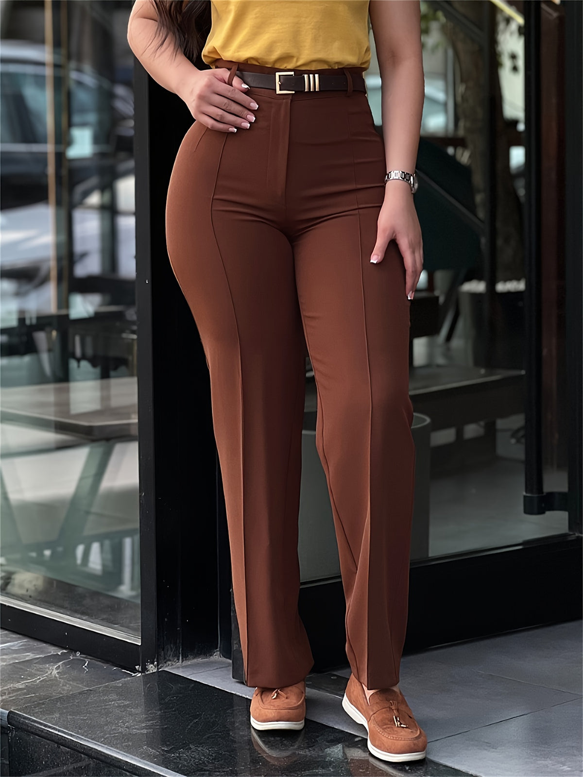 Pantalon habillé femme taille haute coupe droite – Pantalon de travail noir élégant