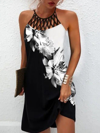 Robe d'été dos nu imprimée – Robe midi trapèze décontractée pour femme