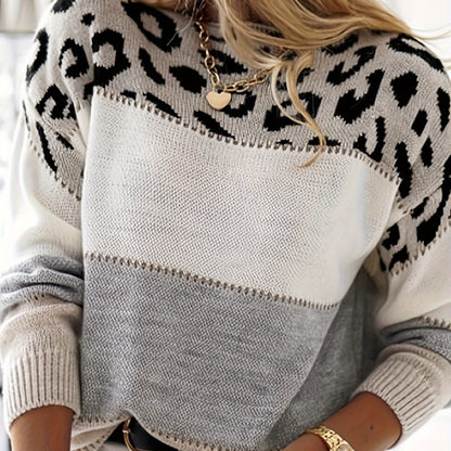 Pull ras du cou en tricot à patchwork léopard pour femme – Rose et blanc