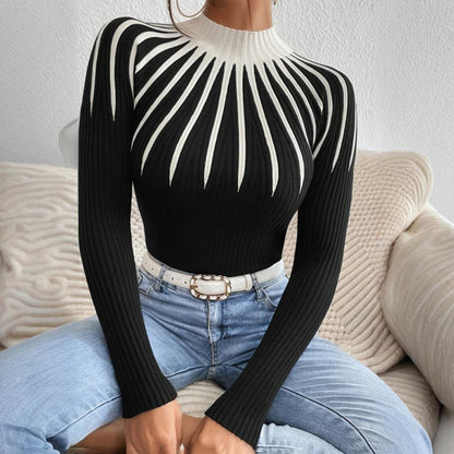 Women’s Slim Fit Mock Neck Sweater – Ribbed Striped Long Sleeve Knit