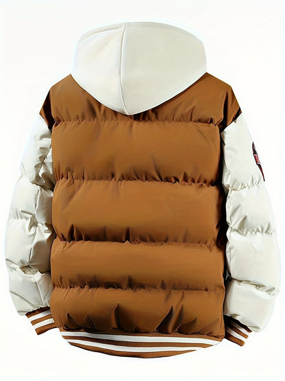 Loom & Soul Men’s Retro Hooded Baseball Jacket – Warm Color-Block Outerwear