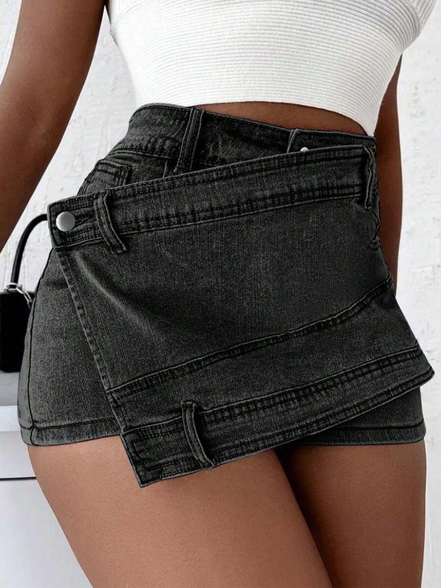 Minifalda pantalón vaquera grunge para mujer – Estilo urbano asimétrico envolvente en línea A