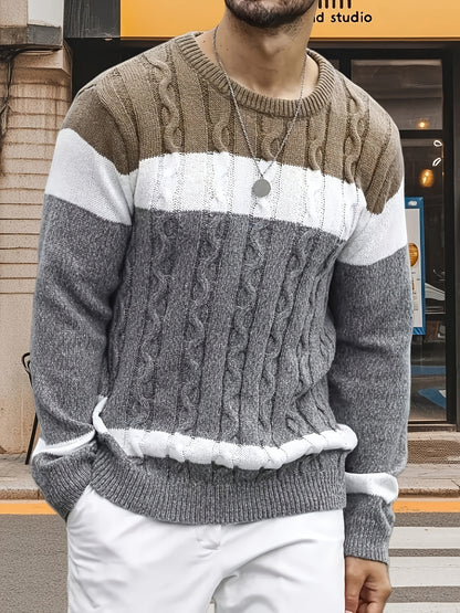 Men’s Color-Block Cable Knit Sweater – Soft Crew Neck Pullover