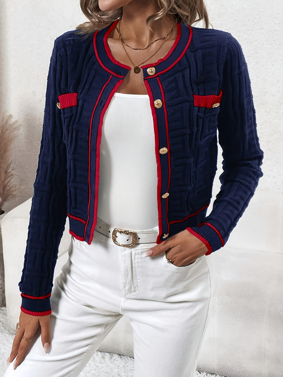 Cardigan rayé coupe ajustée – Pull élégant en maille très extensible pour le printemps et l'automne