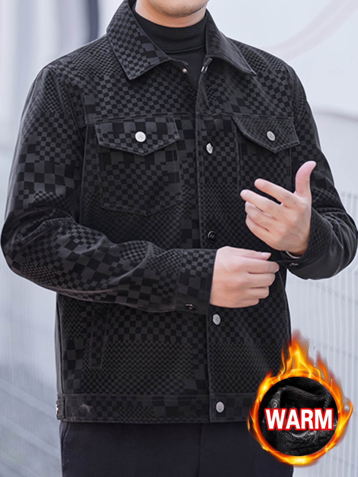 Manteau en PU à carreaux pour hommes – Veste de rue pied-de-poule noir et marron