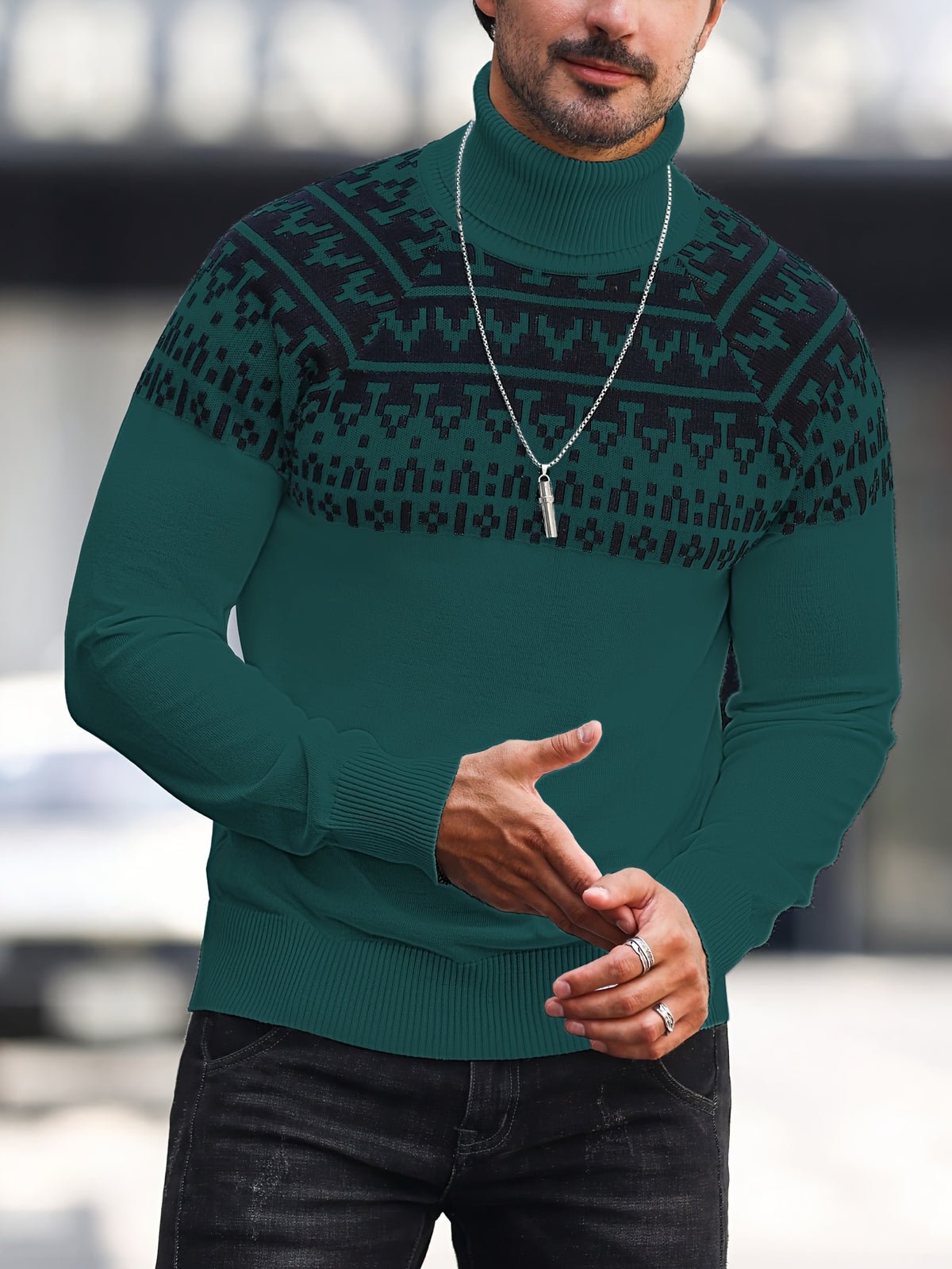 Men’s Geometric Turtleneck Sweater – Casual Knit Pullover for Fall & Winter