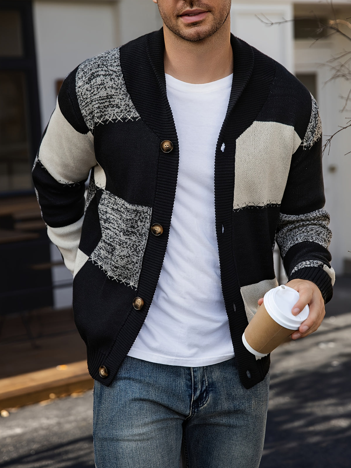 Gilet en maille à coutures contrastantes – Pull décontracté côtelé à revers