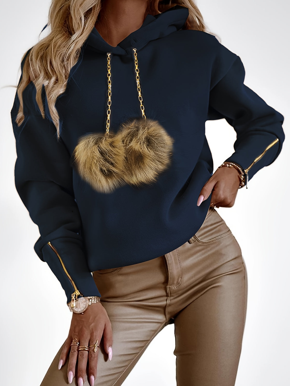 Sweat à capuche zippé en molleton doux avec pompons pour femme – Idéal automne/hiver