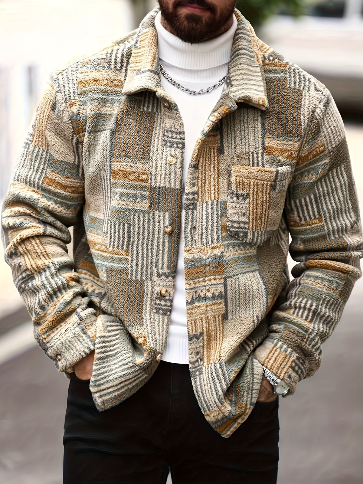 Men’s Retro Geometric Fleece Jacket – Vintage Button-Up Shirt Jacket