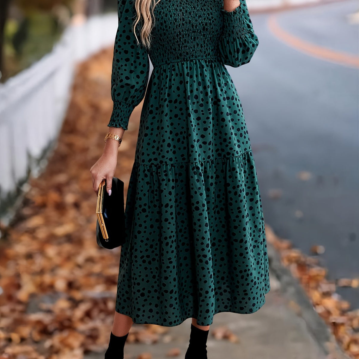 Leopard Print Long Sleeve Maxi Dress – Elegant A-Line Flowing Dress
