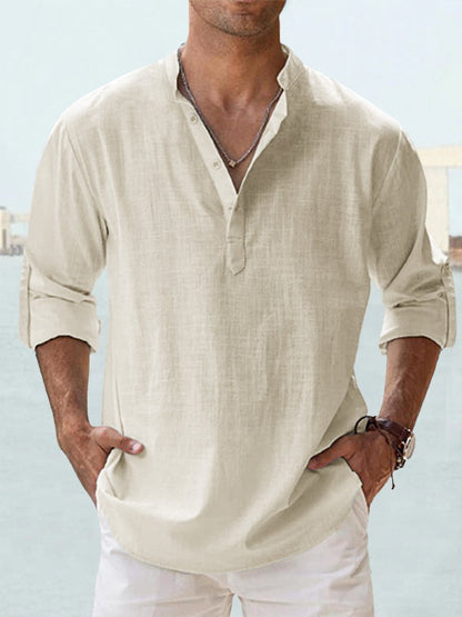 Men’s Stand Collar Sports Shirt – Loose Fit Breathable Cotton Pullover