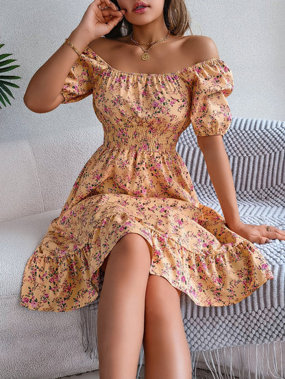 Loom & Soul™ Floral Ruffle Dress – Square Neck Summer Short Sleeve Dress for Women
