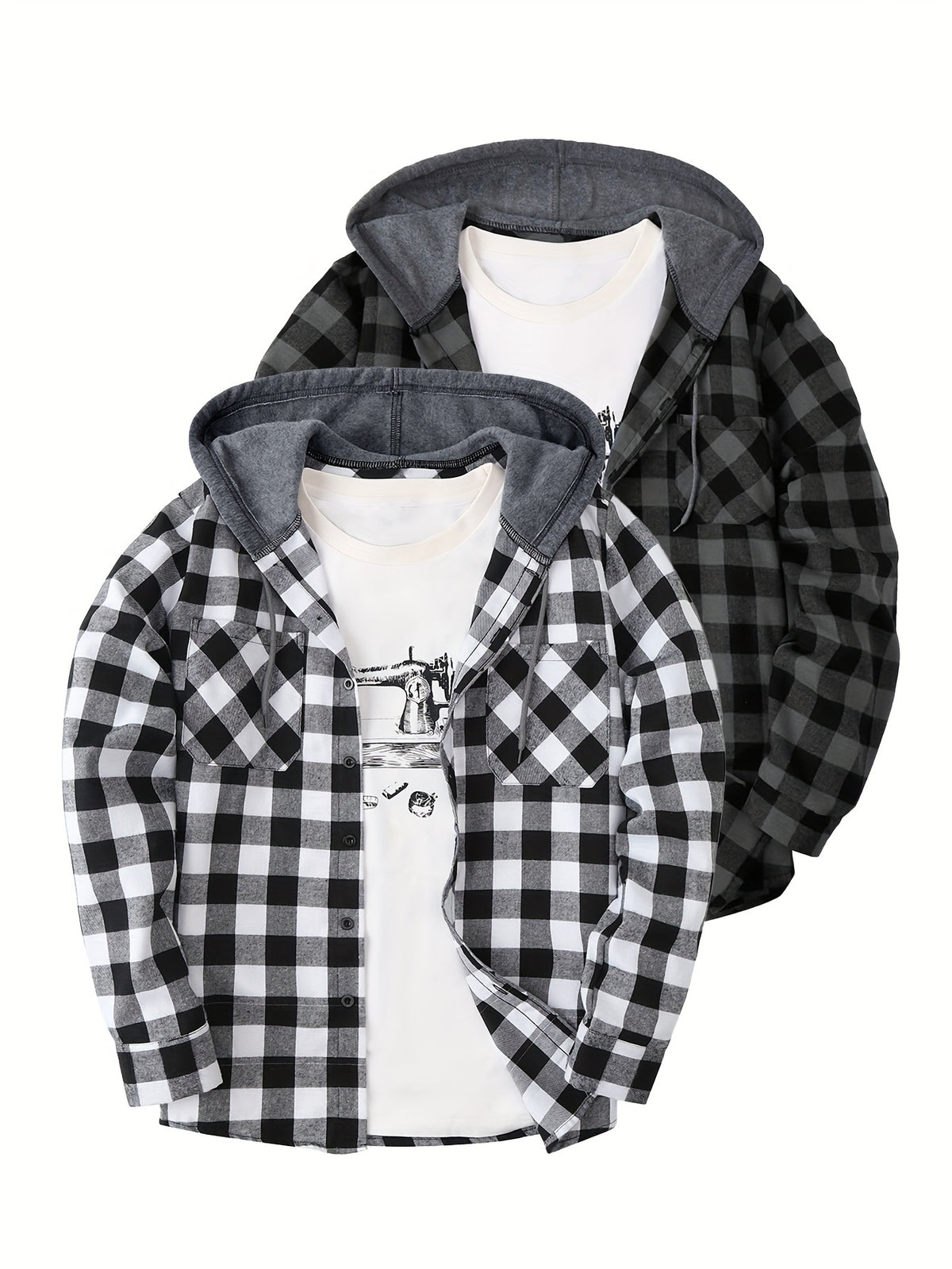 Camisas a cuadros con capucha para hombre, 2 piezas – Conjunto de chaqueta tipo suéter con botones