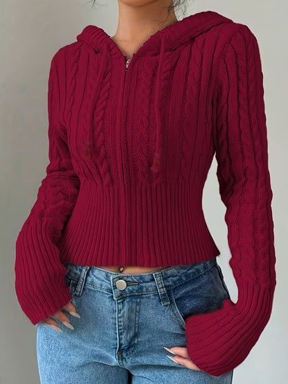 Gilet zippé à capuche élégant – Tricot torsadé, couche chaude
