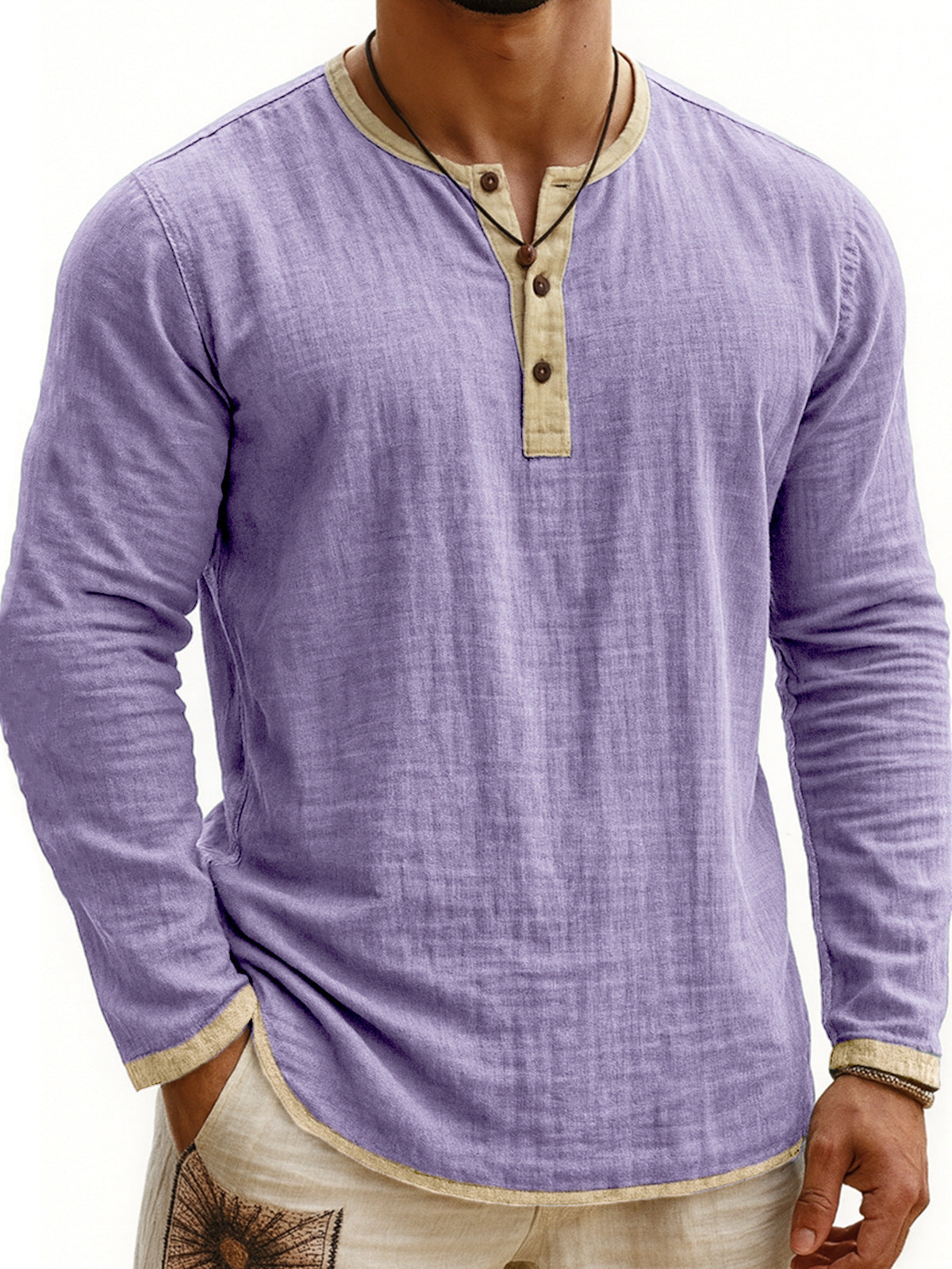 Chemise Henley Homme à Manches Longues Slim Fit à 3 Boutons et Imprimé Numérique Bicolore
