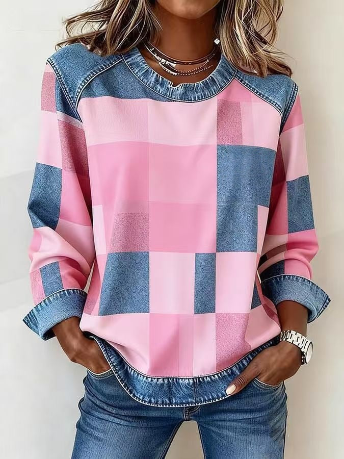 Sweat-shirt en jean patchwork pour femme – Pull ras-du-cou à motif floral