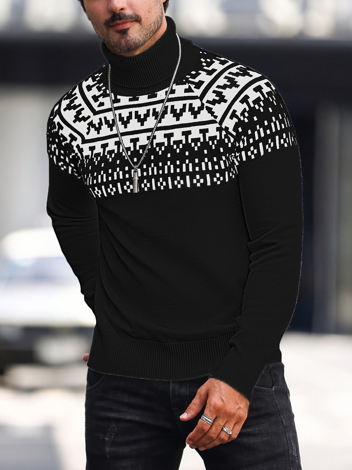 Men’s Geometric Turtleneck Sweater – Casual Knit Pullover for Fall & Winter