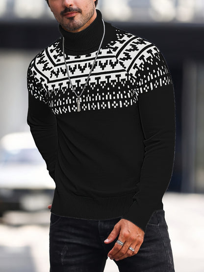 Men’s Geometric Turtleneck Sweater – Casual Knit Pullover for Fall & Winter