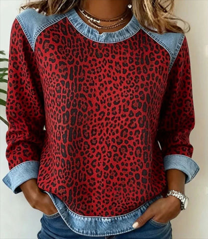 Sweat-shirt en jean patchwork pour femme – Pull ras-du-cou à motif floral