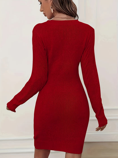 Cinched Waist Long Sleeve Bodycon Dress – Elegant Crew Neck Sweater Dress