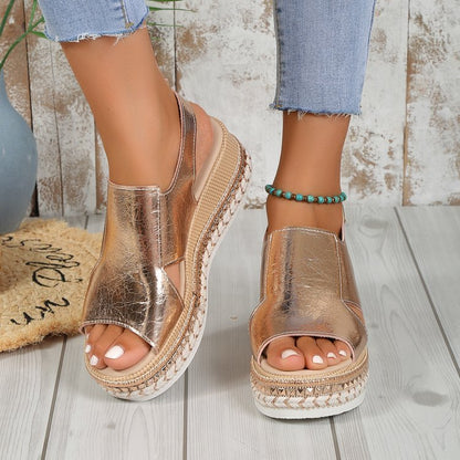 Loom & Soul™ Shiny Wedge Sandals – Women’s Hollow Fish Mouth Buckle Sandals